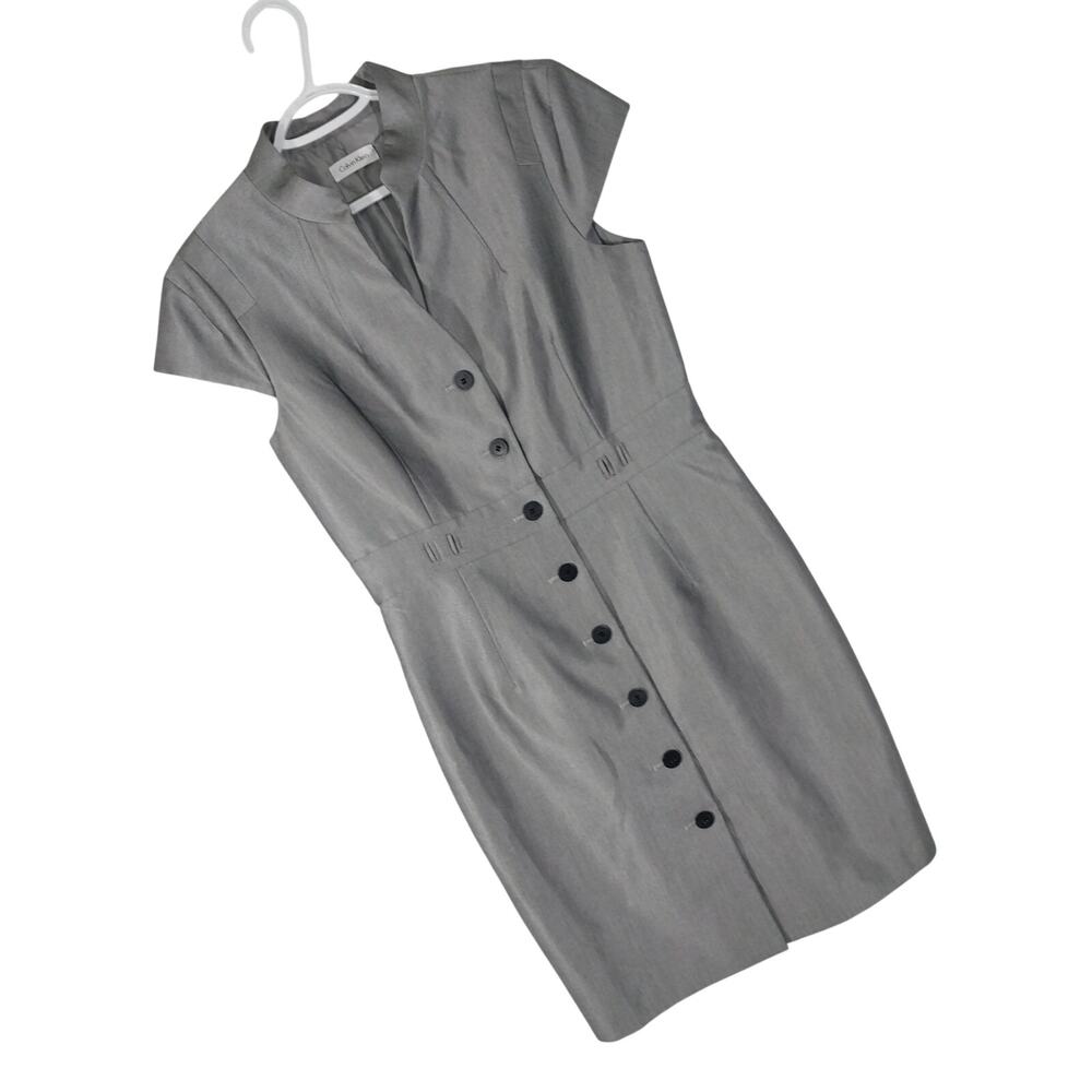 CALVIN KLEIN! ANTIQUE SILVER/GRAY PINPOINT SATEEN FULL BUTTON FRONT DRESS! SZ 10